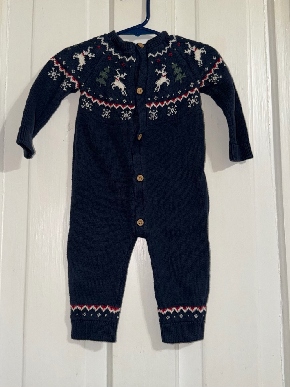 Baby 12 month pajamas Knit One-Piece Romper in Navy with Holiday Fair Isle